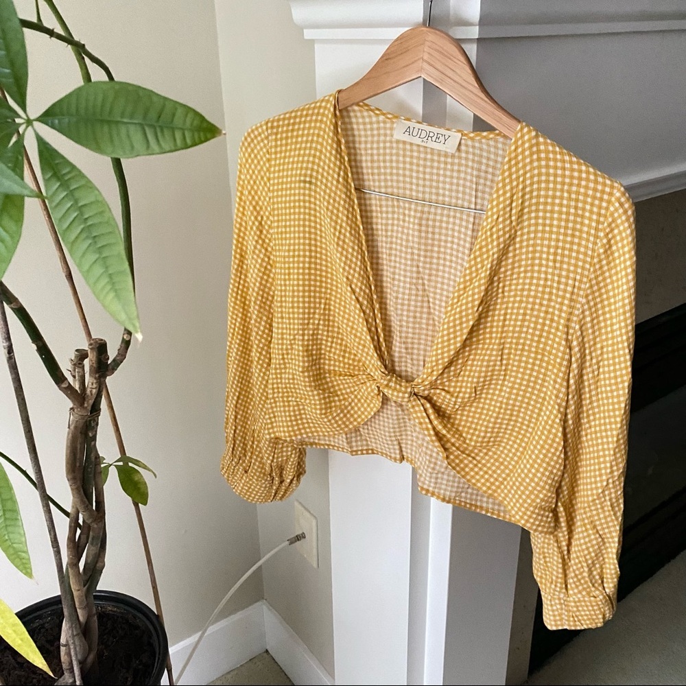 AUDREY 3+1 Yellow Gingham Front Plunge Knot Crop Long Sleeve Top
